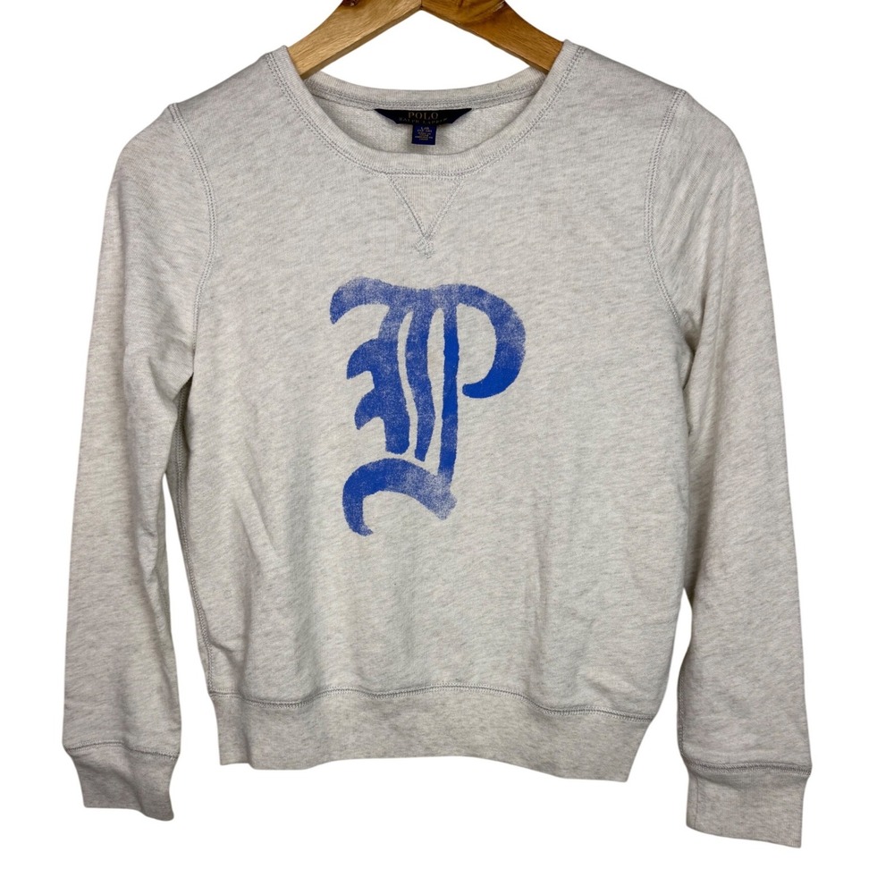 Polo Ralph Lauren Sweatshirt Kids L 12-14 Gray Blue Graphic P Crew Neck Pullover